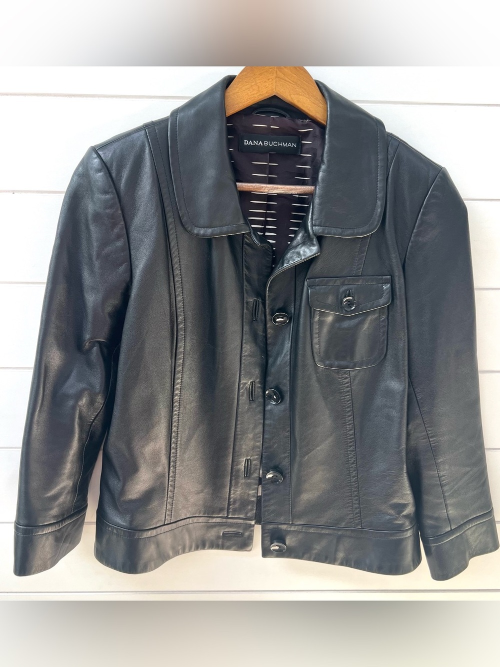 Dana Buchman Black Leather Jacket Coat Y2K Mod Retro Statement Soft Size 8
